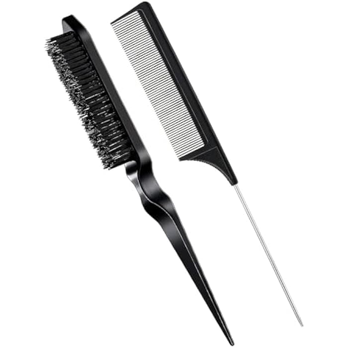 2 Pcs Slick Back Hair Brush Set Bristle Brush Edge Control Teasing Comb for Women Black Hair(Black)
